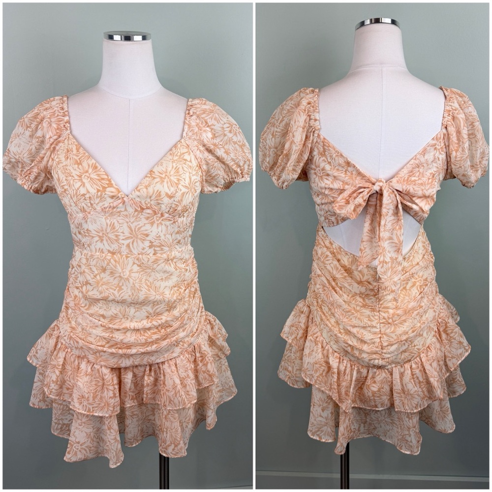 Saints & Secrets Peach Floral Tie-Back Ruffle Mini Cocktail Party Summer Dress M
